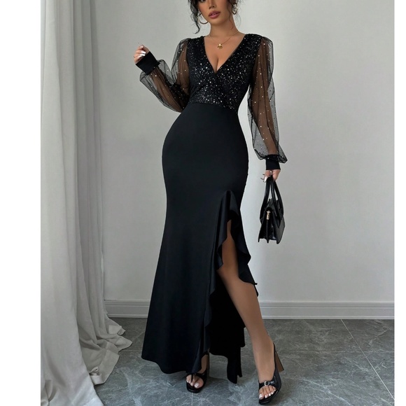 Luxe Black Sequin V neck Semi Sheer Long Sleeve Party Evening Gown Dress - Picture 2 of 5